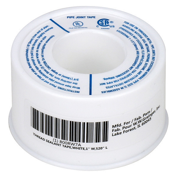 Zoro Select Thread Sealant Tape, White, 1" W, 520" L 800RW7