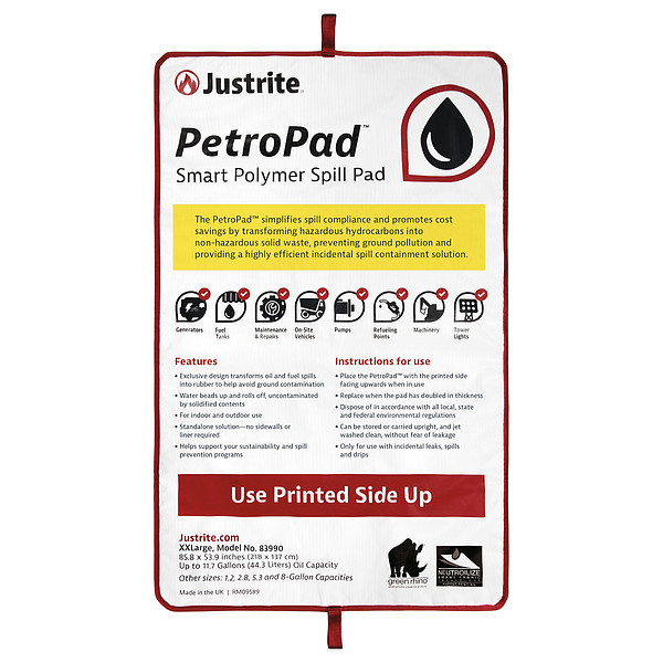 Justrite Sorbent Pad, Not Applicable, 53.9 in x 85.8 in, Fuel and Flammable Liquids, Polymer, Vinyl 83990