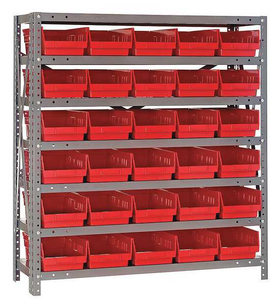 Quantum Storage Systems Steel Bin Shelving, 36 in W x 39 in H x 12 in D, 7 Shelves, Red 1239-102RD
