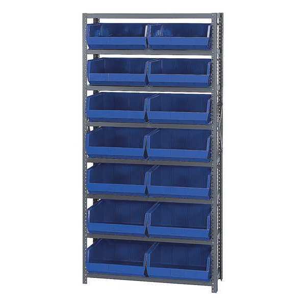 Steel Open Shelving - 14 Blue Plastic Stacking Bins 8 Shelves - 36