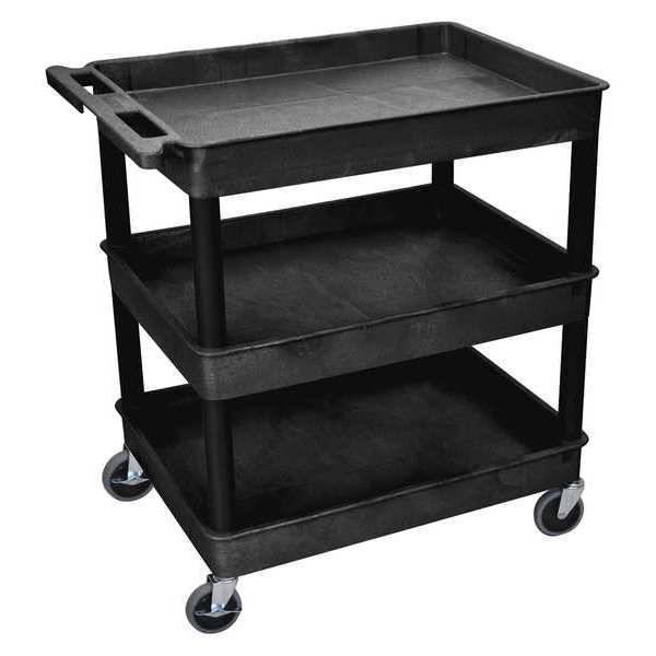 Zoro Select Utility Cart with Deep Lipped Plastic Shelves, Flat, 3 Shelves, 400 lb TC111-B