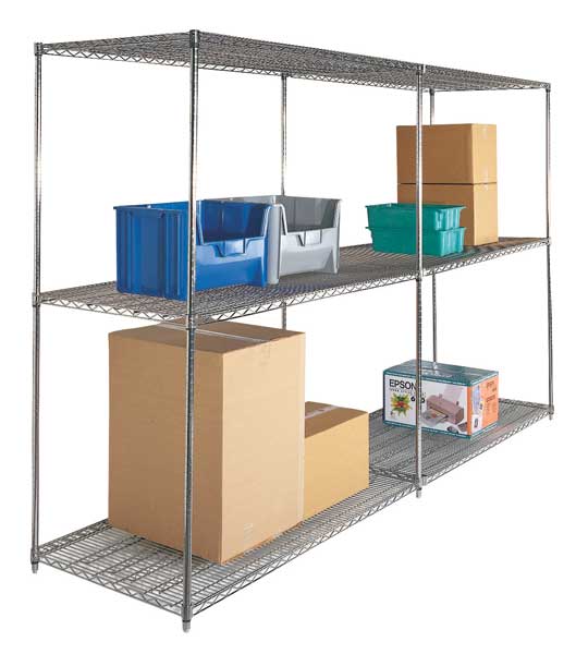 Zoro Select Wire Shelving Unit, 30"D x 48"W x 74"H, 3 Shelves, Chrome 7Y940