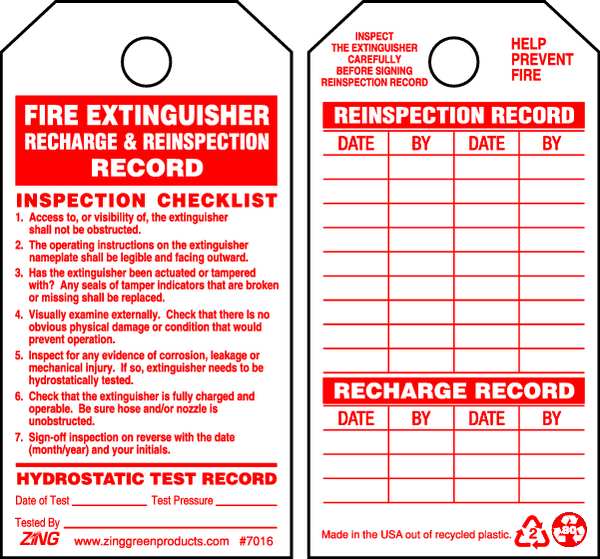 Zing Fire Extinguisher Tag, 5 3/4 in Height, 3 in Width 7016