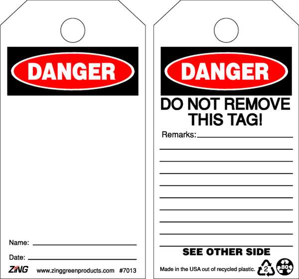 Zing Danger Tag, 5-3/4 x 3 In, Plstc, OSHA, PK10 7013