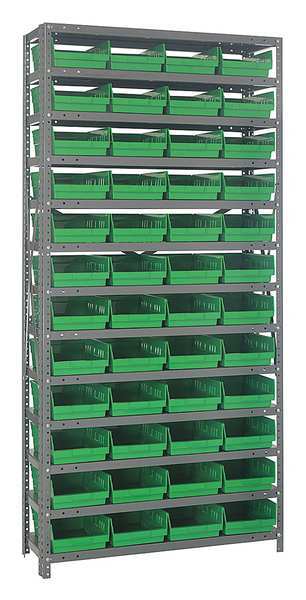 Quantum Storage Systems Steel Bin Shelving, 36 in W x 75 in H x 12 in D, 13 Shelves, Green 1275-107GN