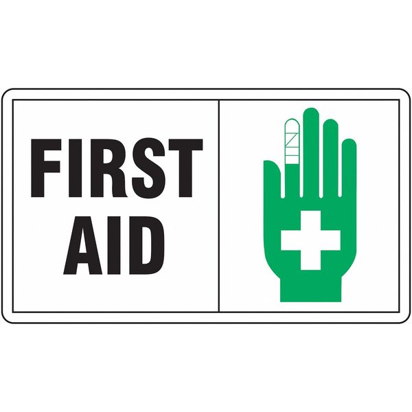 Accuform First Aid Sign, 7X10", BK and GRN/WHT, Height: 7", MFSD594VA MFSD594VA