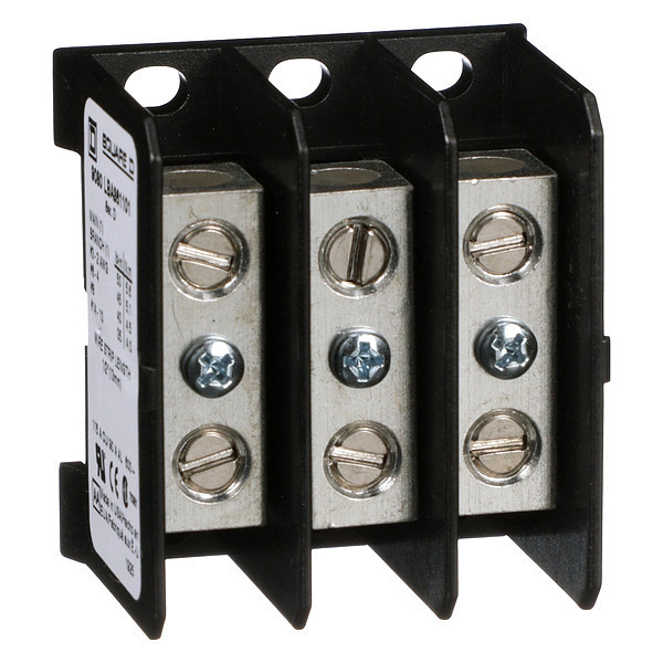 Square D Miniature Distribution Block, Surface Mount, 3 Poles, 14 AWG to 2 AWG, 115 A, 600 V AC/DC, Black 9080LBA361101