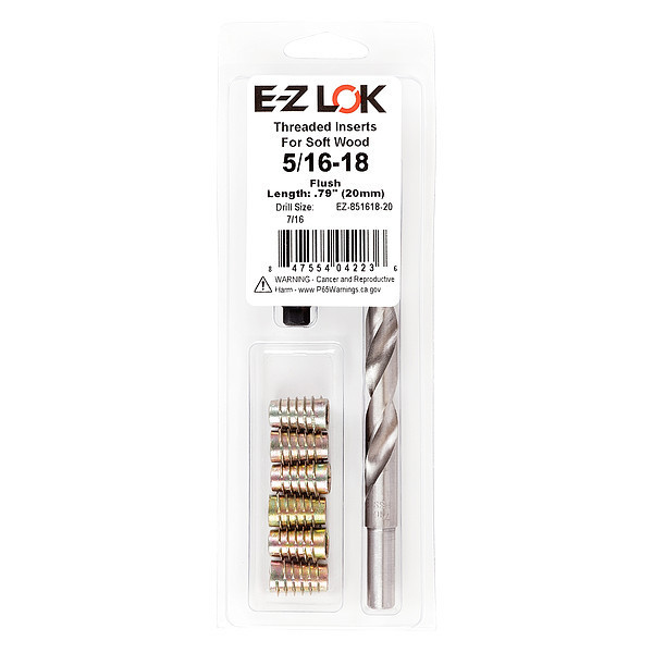 Zoro Select Thread Repair Kit, Hex Drive Threaded Inserts, 5/16"-18, Hexavalent Chromium Zinc, 6 Inserts EZ-851618-20