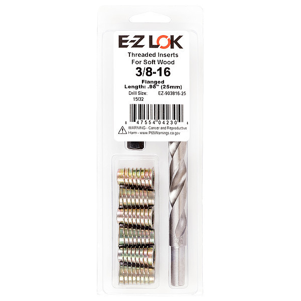 Zoro Select Thread Repair Kit, Hex Drive Threaded Inserts, 3/8"-16, Hexavalent Chromium Zinc, 6 Inserts EZ-903816-25