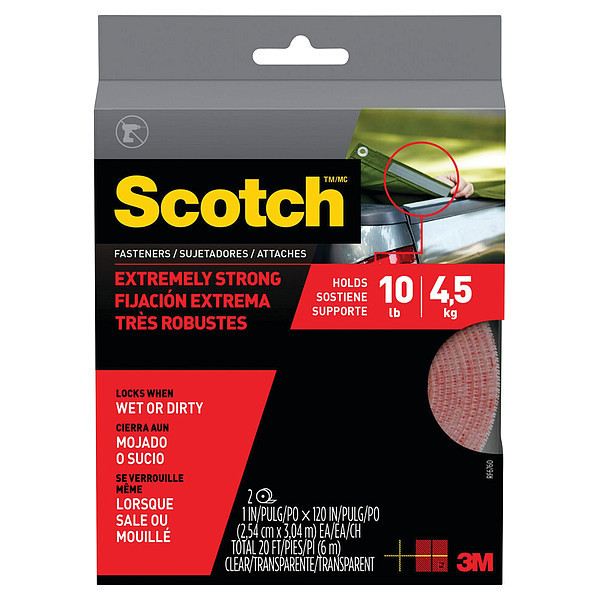 Scotch Reclosable Fastener, 10 ft, 1 in Wd, Clear, 2 PK RFD7070