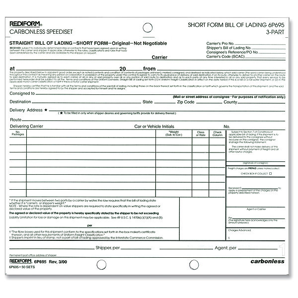 Rediform Bill of Lading Form, 3-Part, PK50 6P695