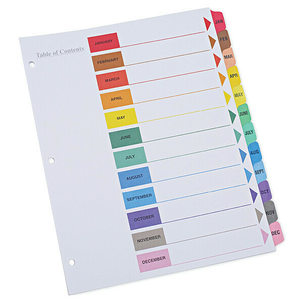 Universal One Index Tab 8-1/2 x 11", Monthly Jan-Dec, Multicolor, Pk6 UNV24810