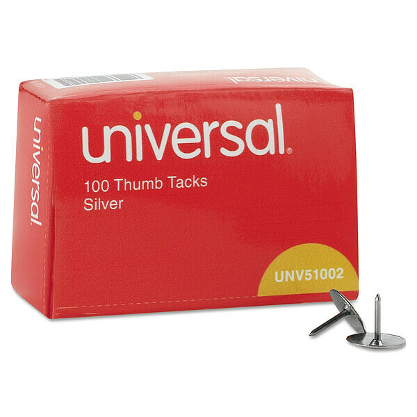 Universal Thumb Tacks, Steel, Head 3/8" dia., PK100 UNV51002