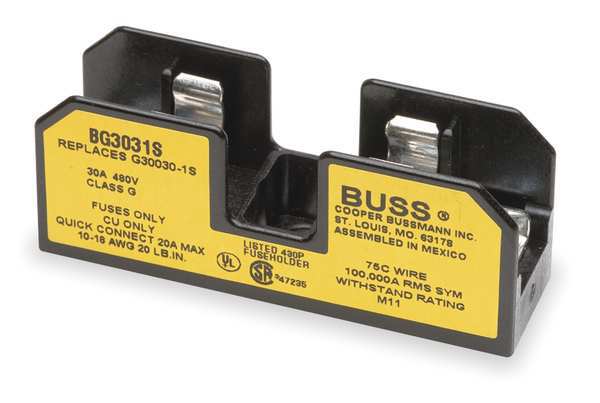 Eaton Bussmann Open Fuse Block, G UL Class, 1 Poles, 25 to 30A Amp Range, 480V AC/DC Volt Rating BG3031S
