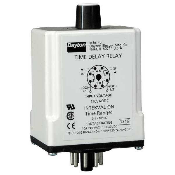 Dayton Time Delay Relay, 120VAC/DC, 10A, DPDT 1EGB3