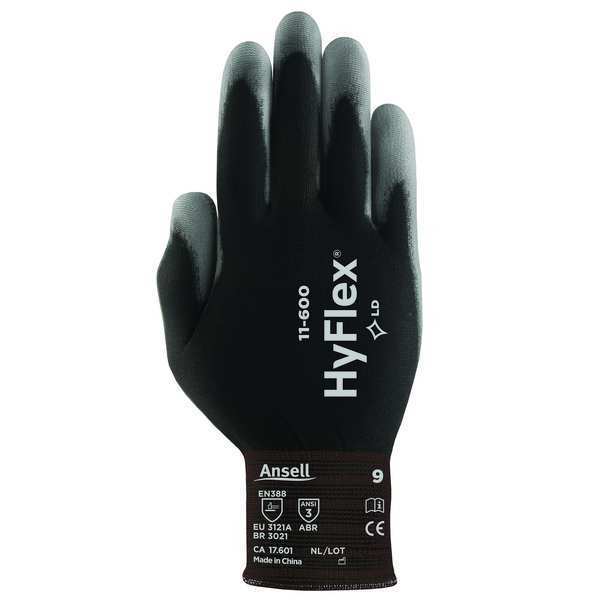 Ansell Polyurethane Coated Gloves, Palm Coverage, Black, 7, PR 11-600