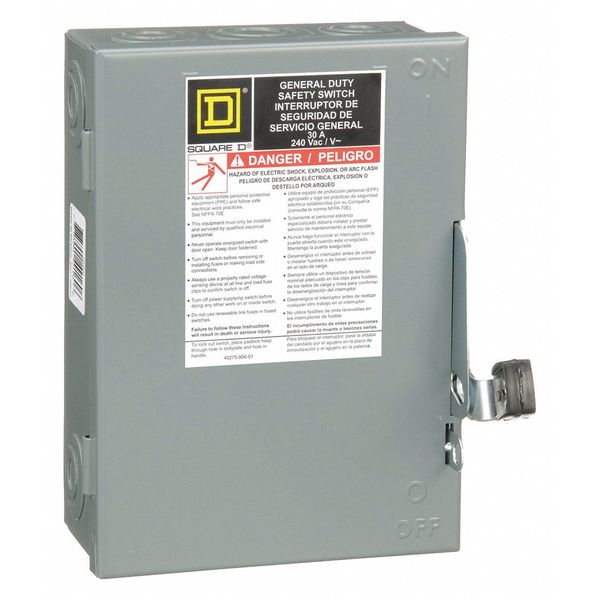 Square D Nonfusible Safety Switch, General Duty, 240V AC, 3PST, 30 A, NEMA 1 DU321