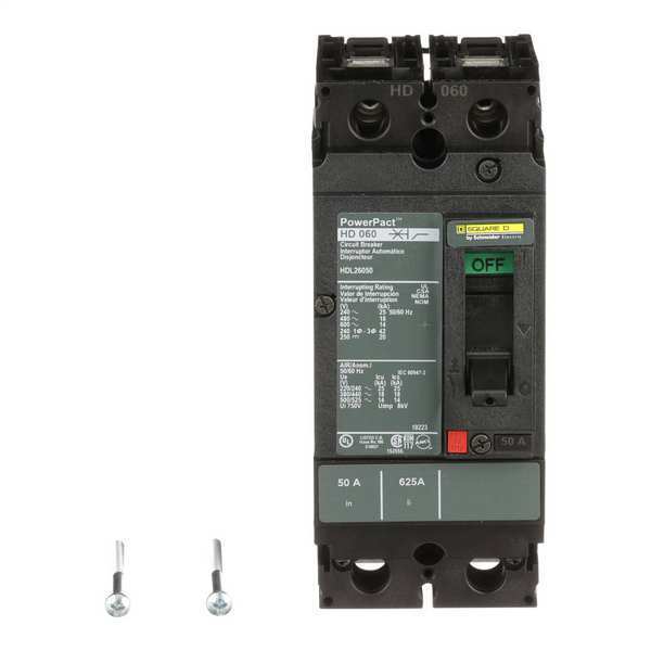 Square D Molded Case Circuit Breaker, HDL Series 50A, 2 Pole, 600V AC HDL26050