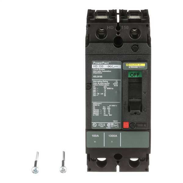 Square D Molded Case Circuit Breaker, HDL Series 100A, 2 Pole, 600V AC HDL26100