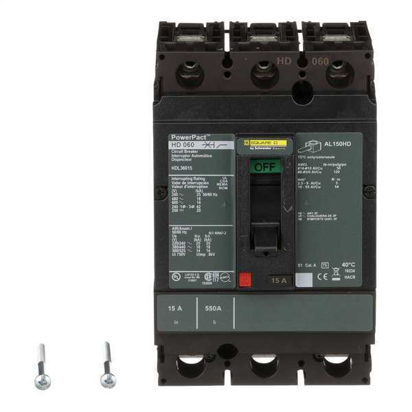 Square D Molded Case Circuit Breaker, HDL Series 15A, 3 Pole, 600V AC HDL36015