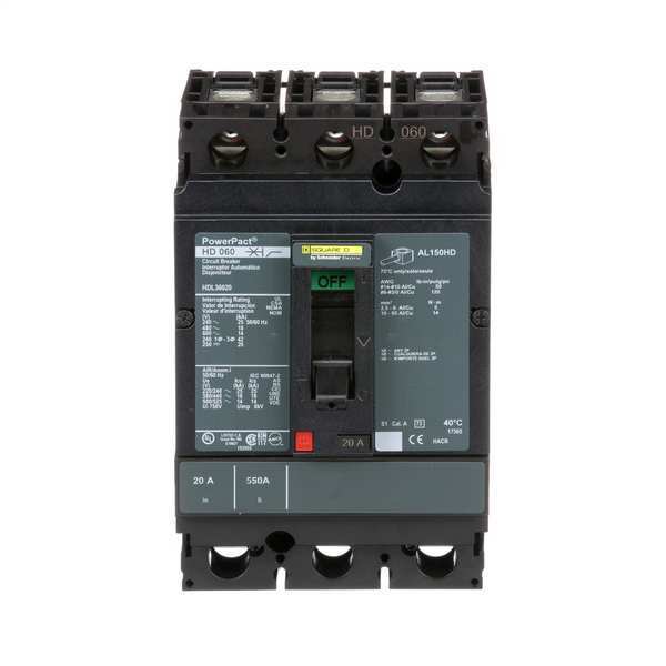 Square D Molded Case Circuit Breaker, HDL Series 20A, 3 Pole, 600V AC HDL36020