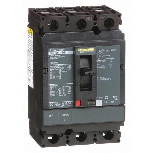 Square D Molded Case Circuit Breaker, HDL Series 125A, 3 Pole, 600V AC HDL36125