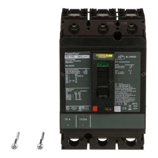 Square D Molded Case Circuit Breaker, HGL Series 70A, 3 Pole, 600V AC HGL36070