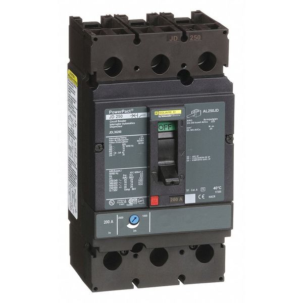 Square D Molded Case Circuit Breaker, JDL Series 200A, 3 Pole, 600V AC JDL36200