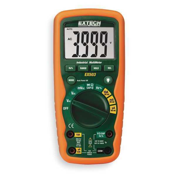 Extech Digital Multimeter, 1,000 Max. AC Volts, 1,000 Max. DC Volts, 10 Max. AC Amps, 10 Max. DC Amps EX503