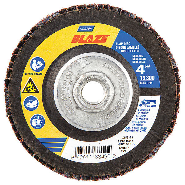Norton Abrasives Arbor Flap Disc, 4-1/2, 36, Extra Coarse 66261183490