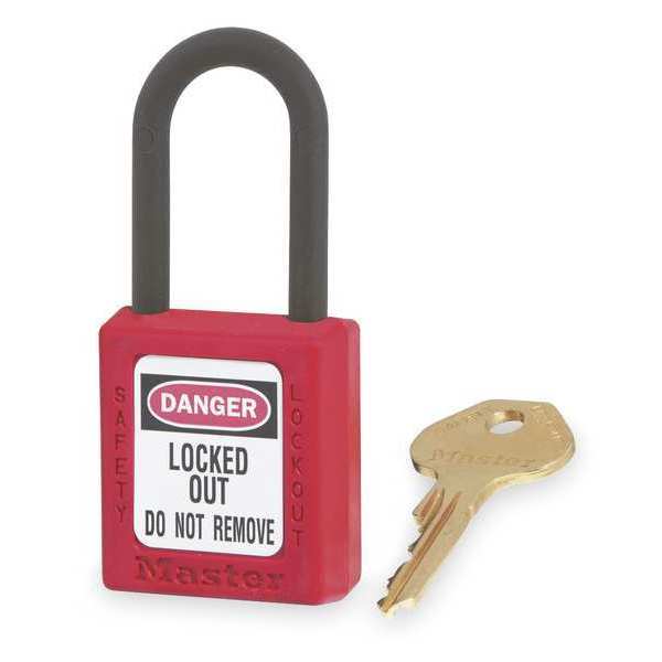 Master Lock Lockout Padlock, Keyed Different, Thermoplastic, 1 1/2 in Shackle, Polypropylene, English, Red 406RED
