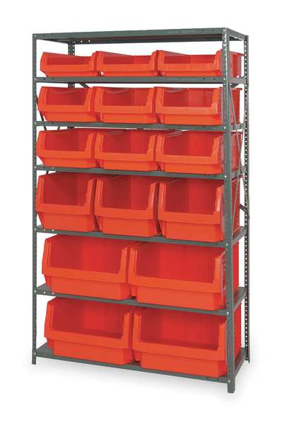 Quantum Storage Systems Steel Bin Shelving, 42 in W x 75 in H x 18 in D, 7 Shelves, Gray/Red MSU-16-MIXRD