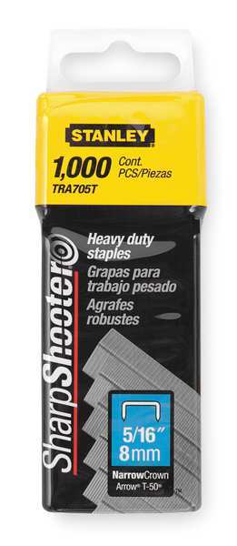 Stanley Heavy Duty Staples, 24 ga, Narrow Crown, 5/16 in Leg L, Steel, 1000 PK TRA705T