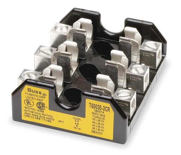 Eaton Bussmann Open Fuse Block, T UL Class, 3 Poles, 0 to 30A Amp Range, 600V AC/DC Volt Rating T60030-3CR