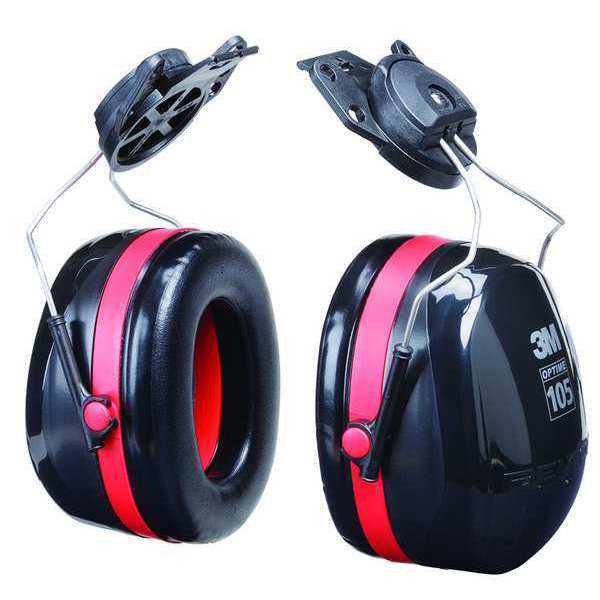 Peltor Optime 105 Hard Hat-Mounted Earmuffs, Passive Protection, NRR 27 dB,  Foam, Black/Red
