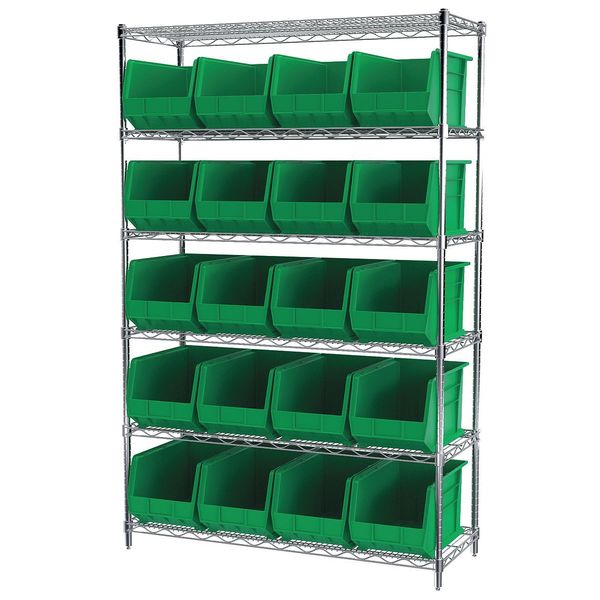 Akro-Mils Steel Wire Bin Shelving, 48 in W x 74 in H x 18 in D, 6 Shelves, Silver/Green AWS184830260G