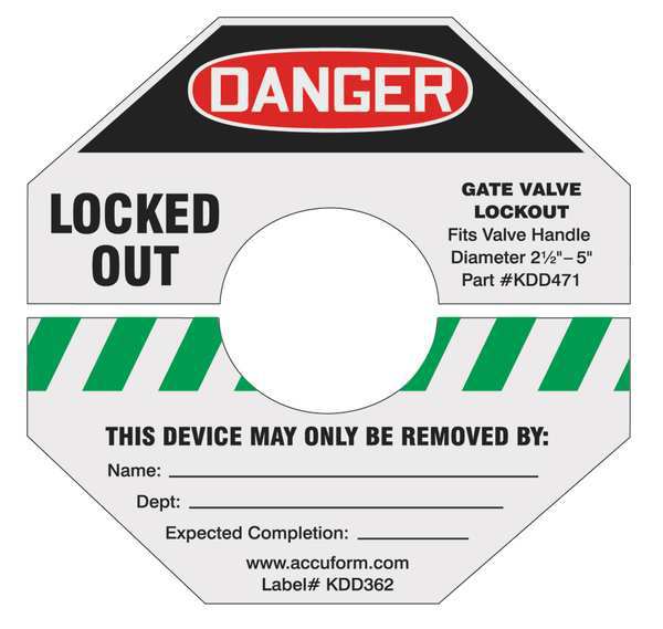 Accuform Gate Valve Lockout Label, 4 In. H, 4 In. W, KDD362GN KDD362GN