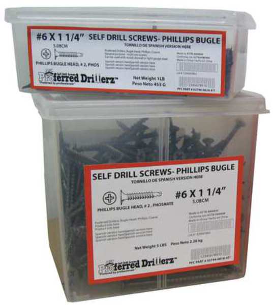 Zoro Select Self Drill Screw, #8 x 2 5/8 in, Phosphate Steel Bugle Head Phillips Drive, 1600 PK 637070-BR
