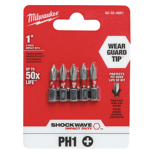 Milwaukee Tool SHOCKWAVE 1 in Phillips #1 Impact Duty Power Bit, 5-Piece Pack 48-32-4661