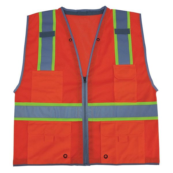 Condor Large Class 2 High Visibility Vest, Orange, Vest Stripe Color Family: Green/Yellow and Silver 11K783