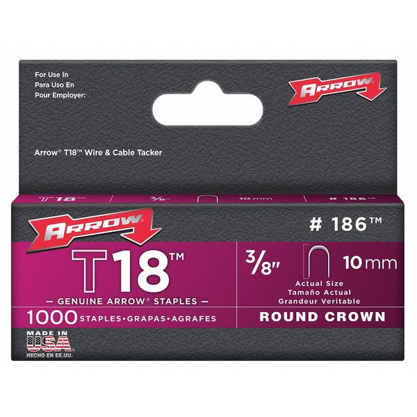 Arrow Fastener Heavy Duty Staples, 18 ga, Round Crown, 3/8 in Leg L, Steel, 1000 PK 186