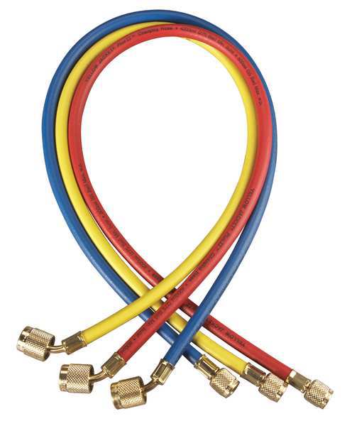 Yellow Jacket Manifold Hose Set, Low Loss, Connection Size 1/4 in Female, 45 Deg Angle, Number of Hoses 3, 60 in L 22985