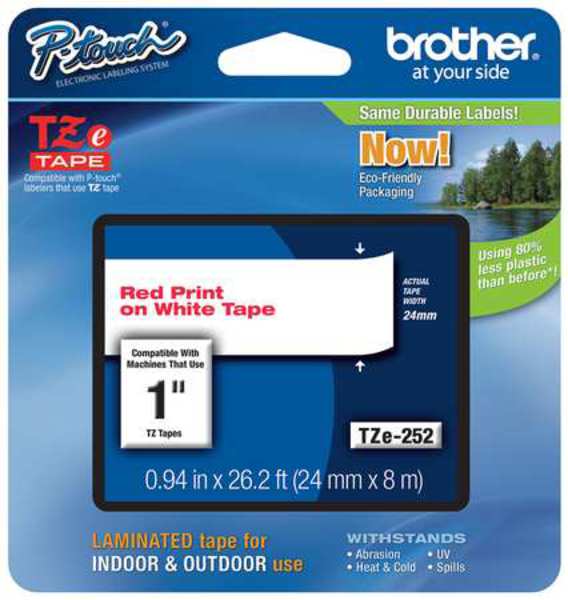 Brother Adhesive TZ Tape (R) Cartridge 15/16"x26-1/5ft., Red on White TZe252