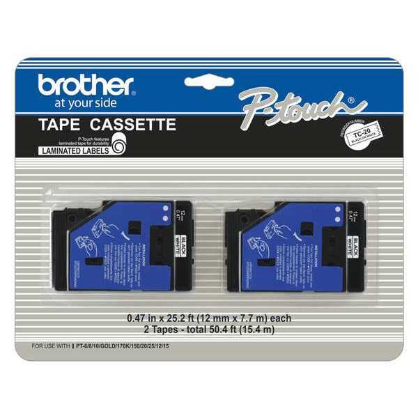Brother Adhesive Label Tape Cartridge 0.47" x 25-1/5 ft., Black/White TC20
