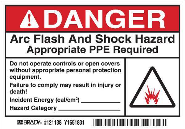 Brady Arc Flash Label, 3 1/2 in Height, 5 in Width, Vinyl, Horizontal Rectangle, English 121138