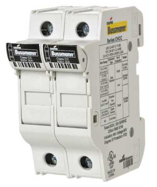 Eaton Bussmann Finger Safe Fuse Block, CC UL Class, 2 Poles, 0 to 30A Amp Range, 600V AC/DC Volt Rating CHCC2DU