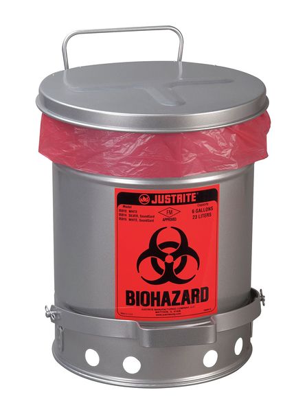 Justrite Biohazard Waste Container, 6 gal., Silver 05914