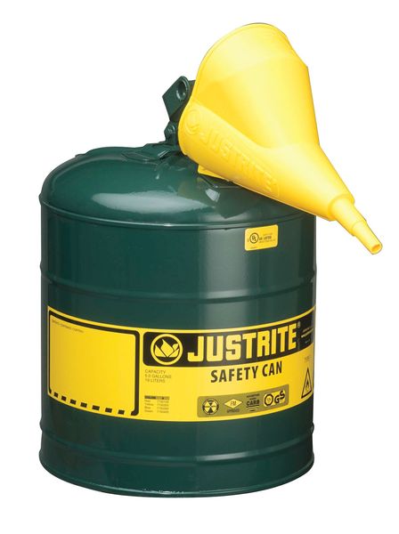 Justrite 5 gal Green Polypropylene, Steel Type I Safety Can Oil 7150410