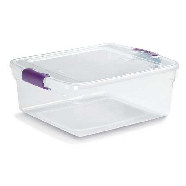 Homz Storage Tote with Latch Lid, Clear/Purple, Polypropylene, 16 1/4 in L, 13 in W, 6 1/8 in H 3420GRPRCL.08