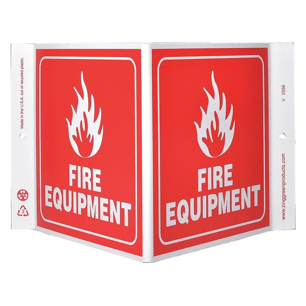 Zing Fire Equipment Sign, 7 in Height, 12 in Width, Plastic, V-Shape Projection, English 2556